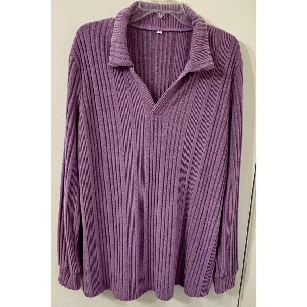 Unbranded Womens Large Lavender/Lilac Deep Ribbed V Neck Side Slit Tunic Top